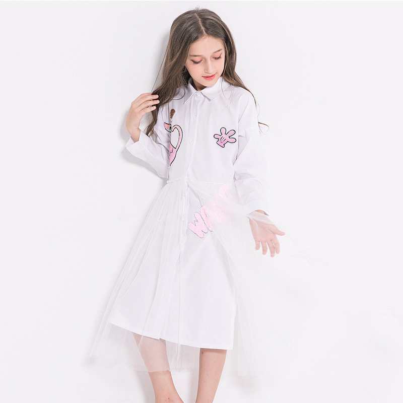 

Cute Cat Pattern Girls Turn-Down Collar Mesh Patch Shirt Dress For 6Y-15Y, White