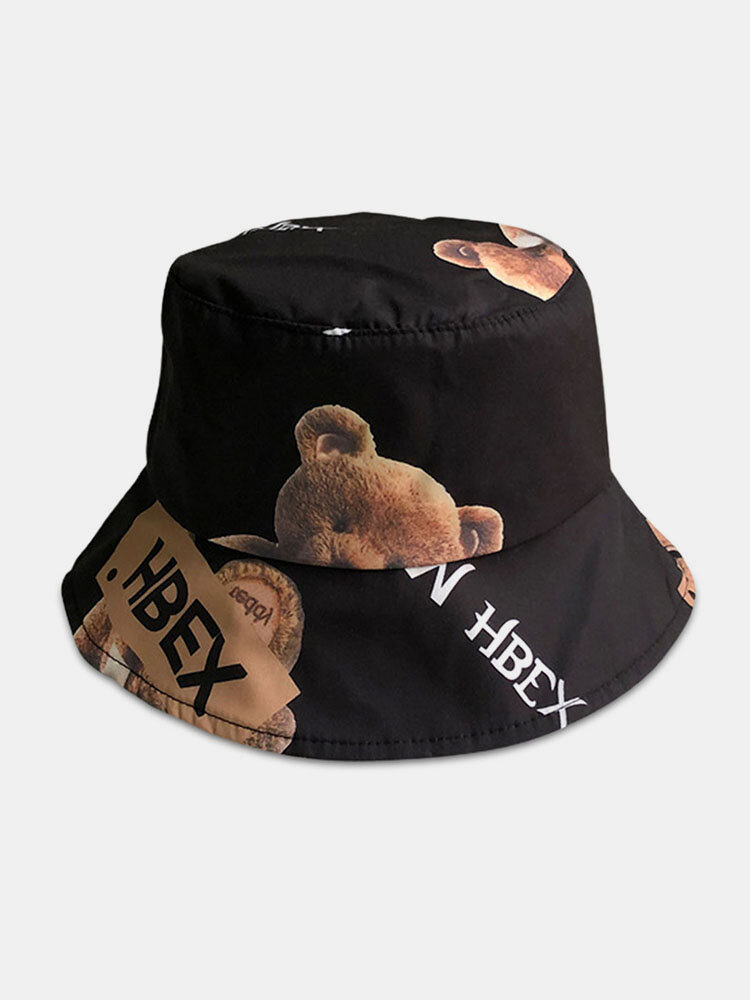 

Unisex Cotton Cartoon Bear Pattern Printed Double Sided Outdoor Casual Bucket Hat, Black;white