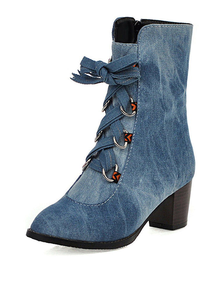 

Large Size Women Fashion Casual Side-zip Denim Cloth Comfy Warm Lined Chunky Heel Mid Calf Boots, Dark blue;sky blue
