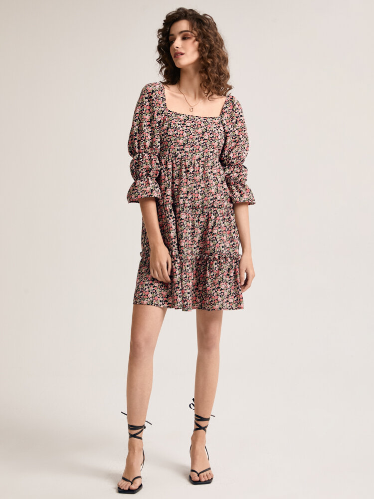 Floral Backless Bohemian Tie Back Square Collar Dress