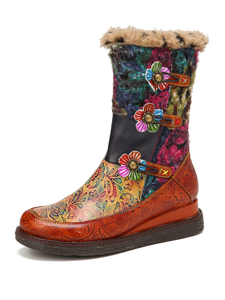 

SOCOFY Retro Genuine Leather Colorful Printed Warm Lining Wearable Sole Platform Wedges Snow Boots, Brown