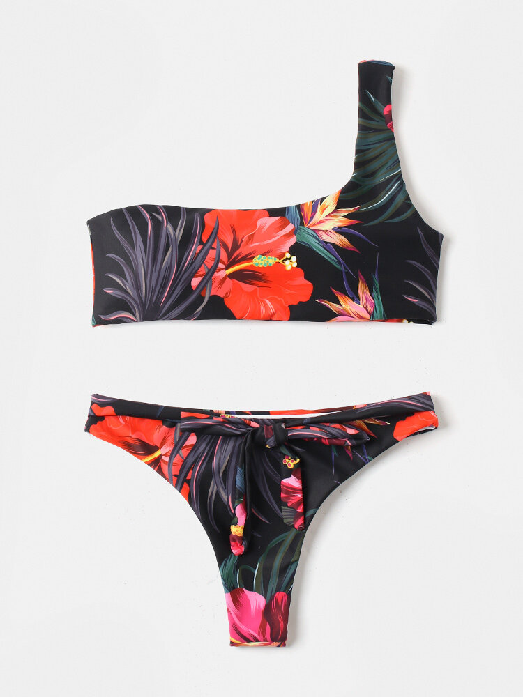 Women One Shoulder All Over Flower Print Tie Front Thong Bikinis Swimwear