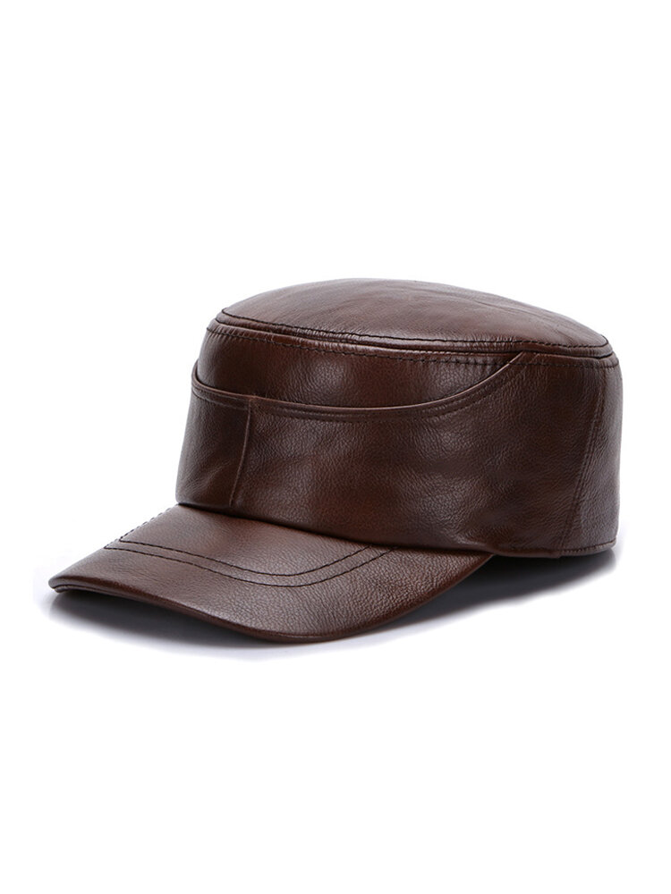 Men's PU Leather Warm Winter Flat Hat Casual Ourdoors Vintage Adjustable Military Cap