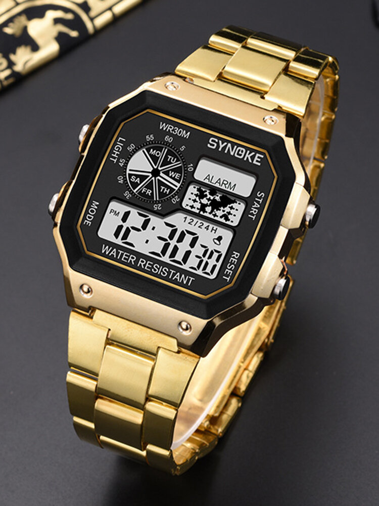 2 cores de aço inoxidável masculino Sport Square Dial Watch Colorful luminoso multifuncional digital Watch