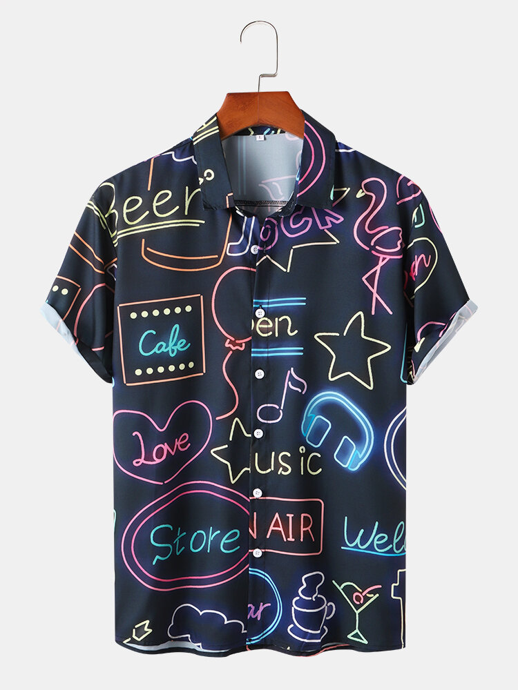 Mens All Over Letter Graphics Print Street Short Sleeve Shirts