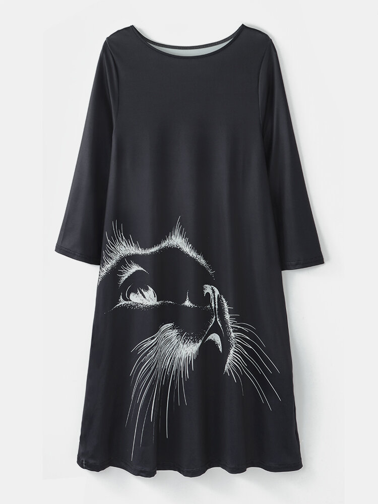 Cat Print O-neck Long Sleeve Plus Size Casual Blouse for Women