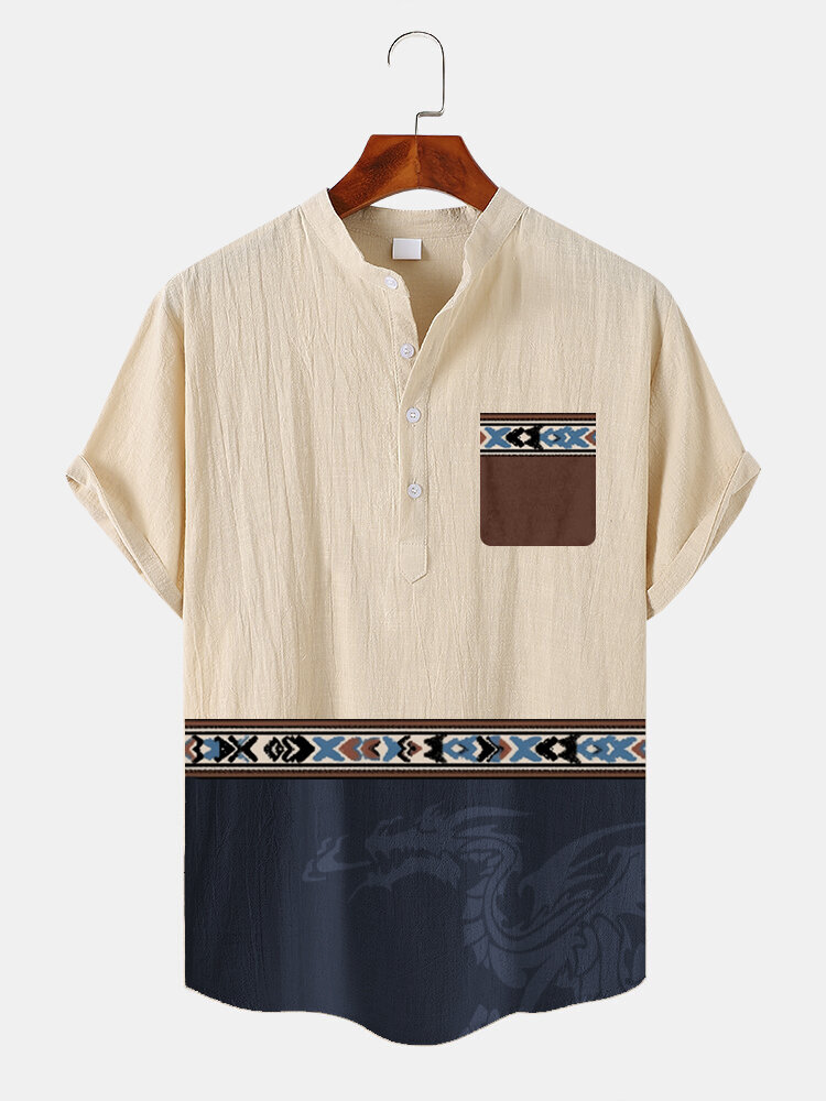 

Mens Ethnic Dragon Print Patchwork Half Button Henley Shirts, Apricot