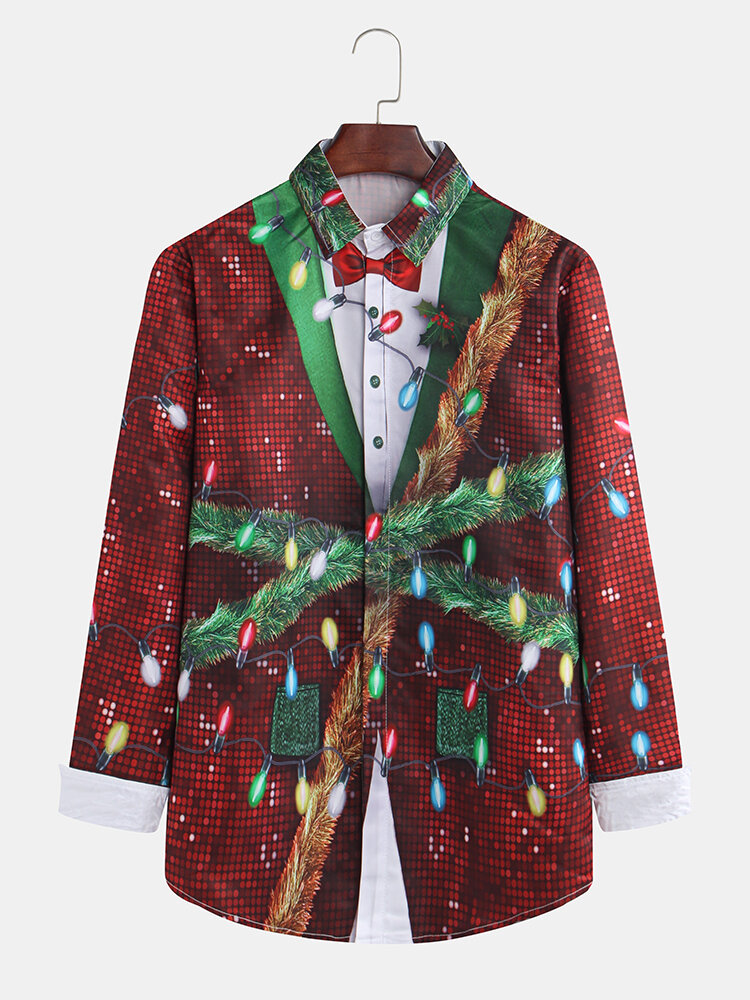 Mens Funny Christmas Tree Bow Tie Colored Lights Long Sleeve Shirts