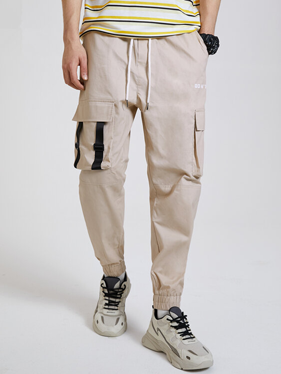 

KOYYE Men 100% Cotton Fashion Plain Multi-pockets Drawstring Waist Cargo Pants, Black;apricot
