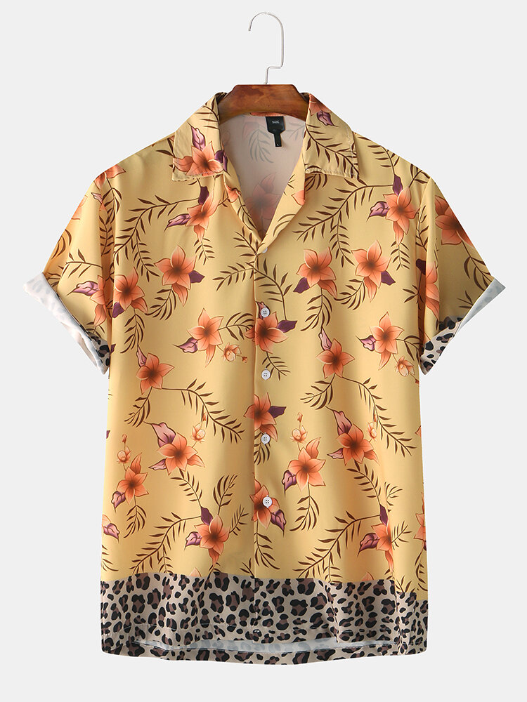 Mens Leopard Print & Floral Patchwork Short Sleeve Shirt