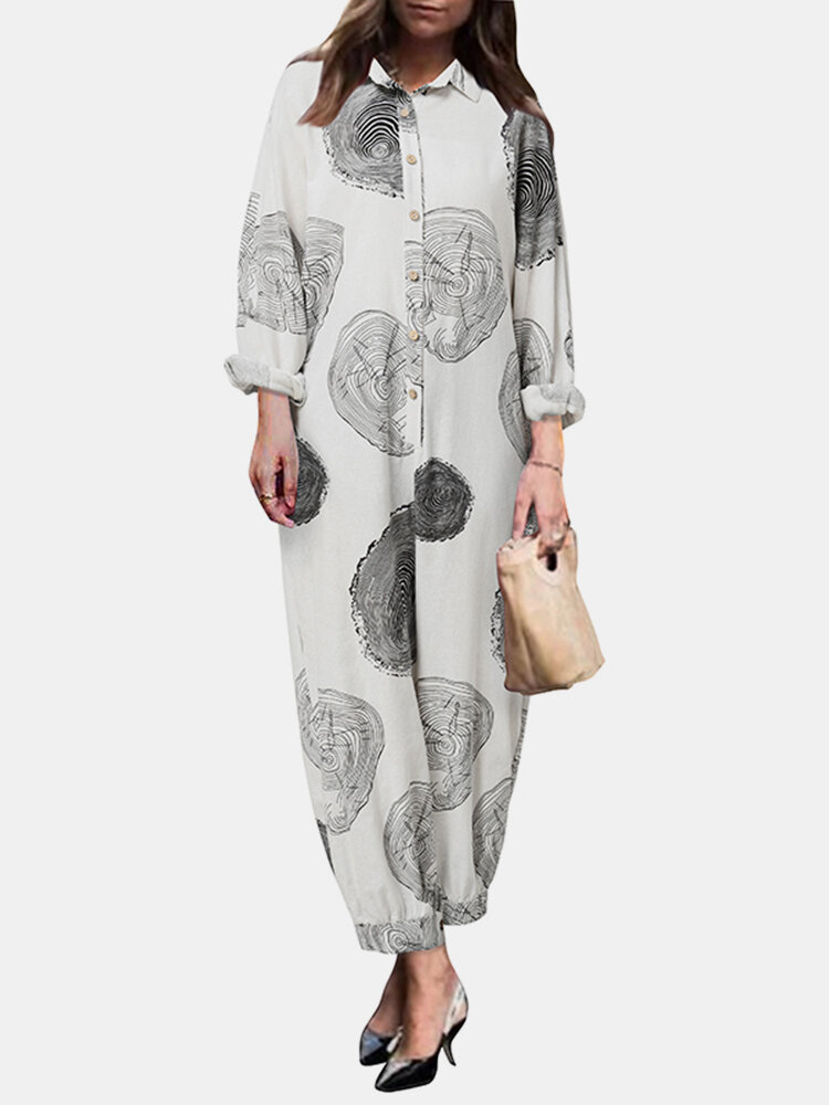 Tree Rings Print Button Long Sleeve Casual Jumpsuit for Women