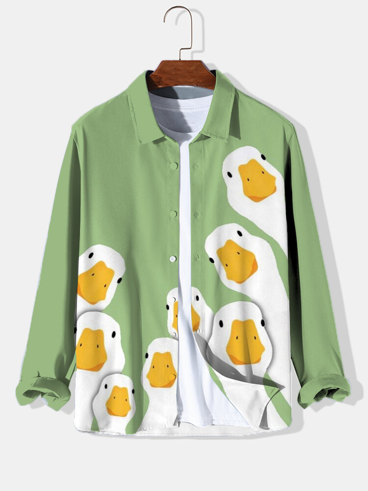 Mens Cartoon Duck Print Lapel Button Up Long Sleeve Shirts Winter