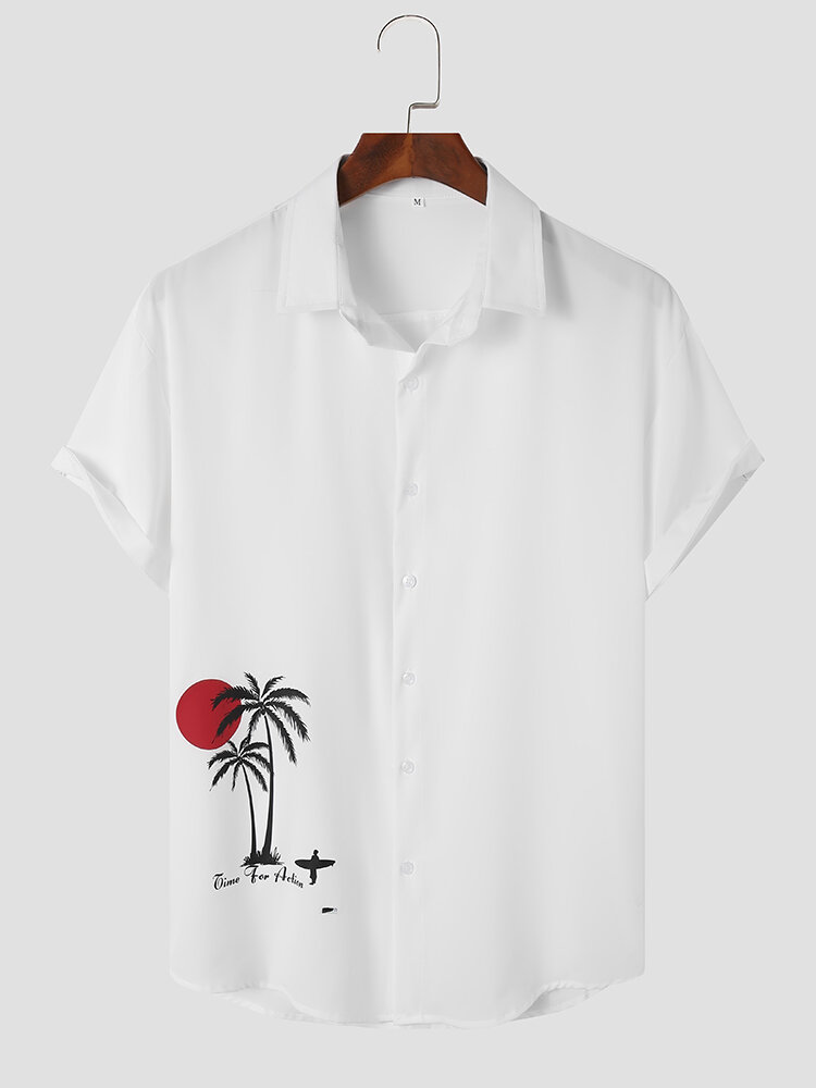 Mens Coconut Tree Figure Print Holiday Short Sleeve Shirts