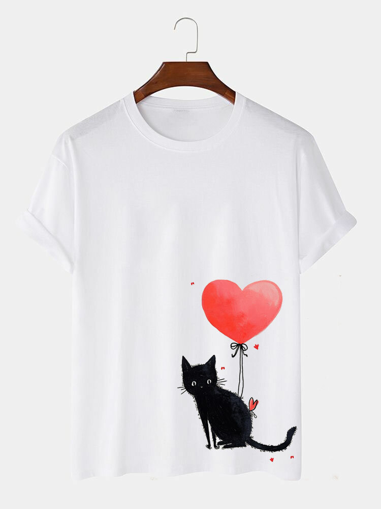 

Mens Heart Cat Print Valentine' Day Short Sleeve T-Shirts Winter, White