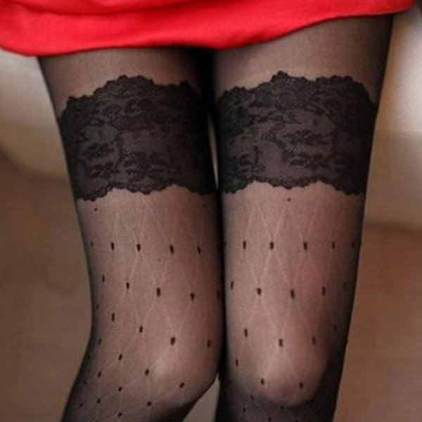 

Retro Dot Jacquard Lace Pantyhose Wire Sexy Slim Thigh Stockings, Black