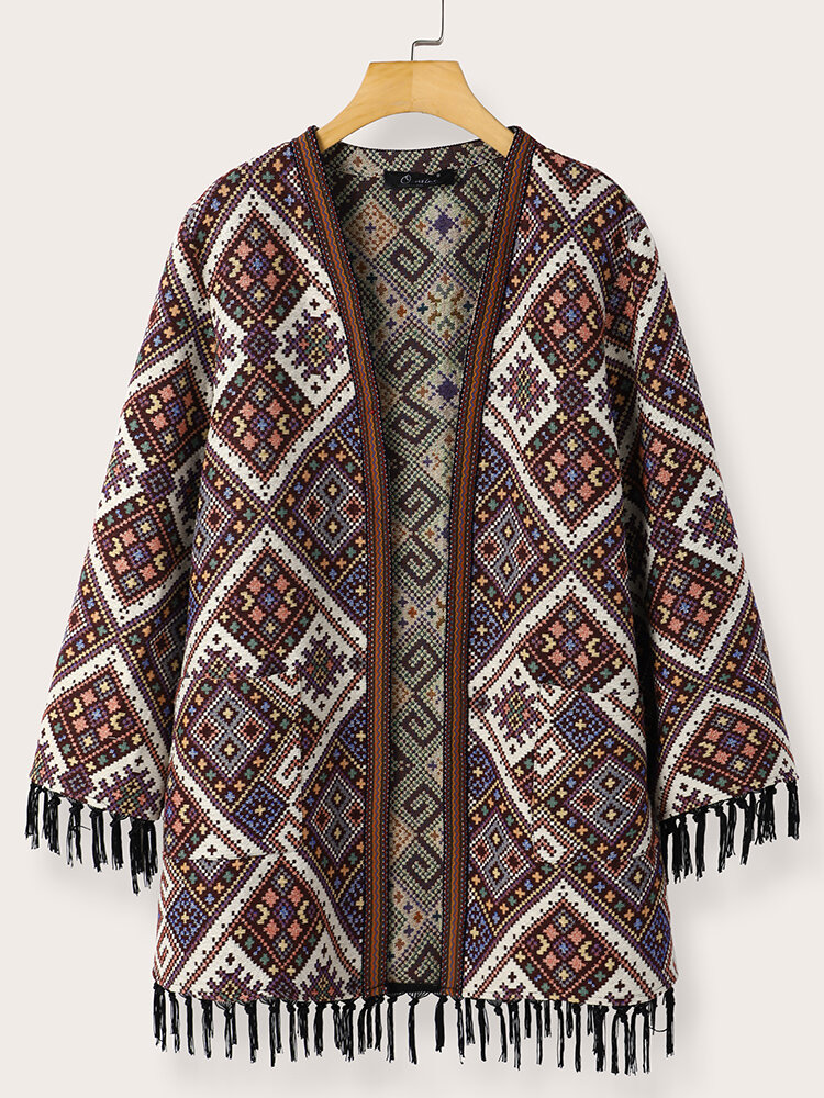 Plus Size Vintage Ethnic Pattern Pocket Tassel Hem Jacket