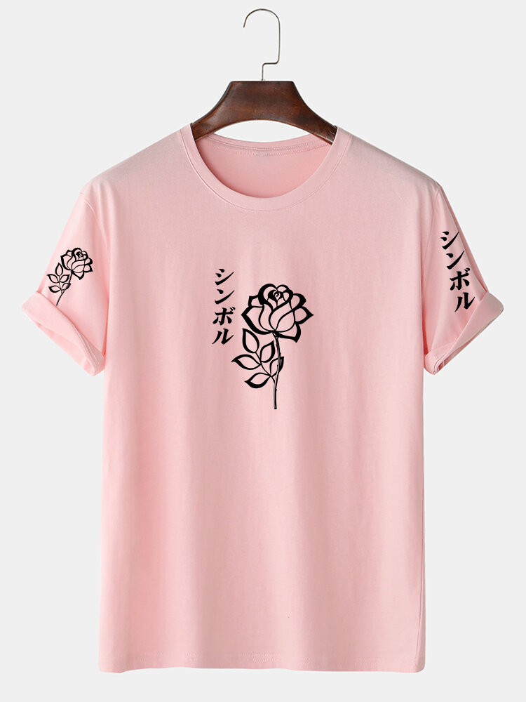 Mens Rose Japanese Print Crew Neck 100% Cotton Short Sleeve T-Shirts