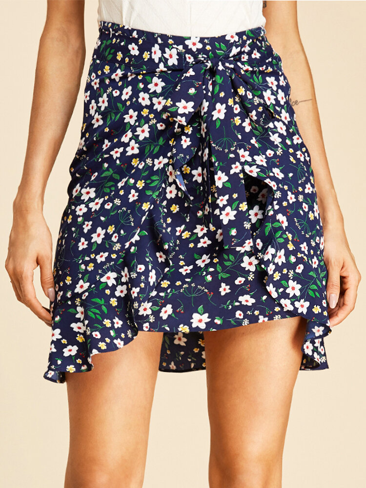 Floral Print Ruffle Asymmetrical Short Casual Skirt for Women
