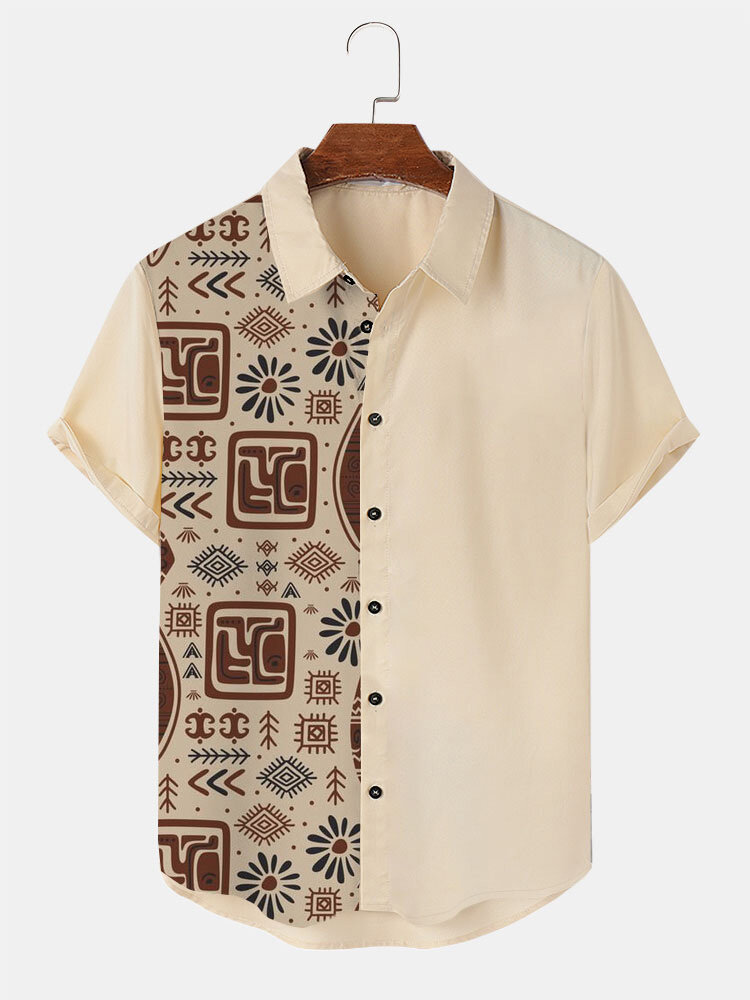 

Mens Ethnic Tribal Geometric Pattern Patchwork Lapel Short Sleeve Shirts Winter, Apricot