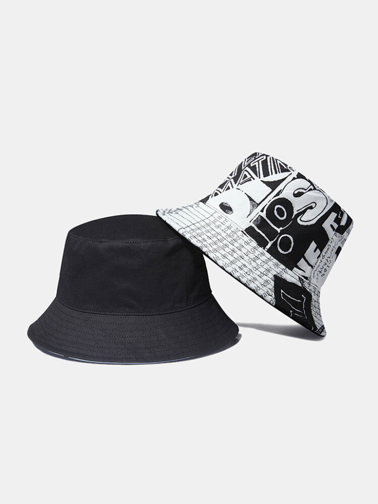 Unisex Cotton Cloth Double-side Letter Graffiti Casual Ourdoor Sunshade Foldable Bucket Hats