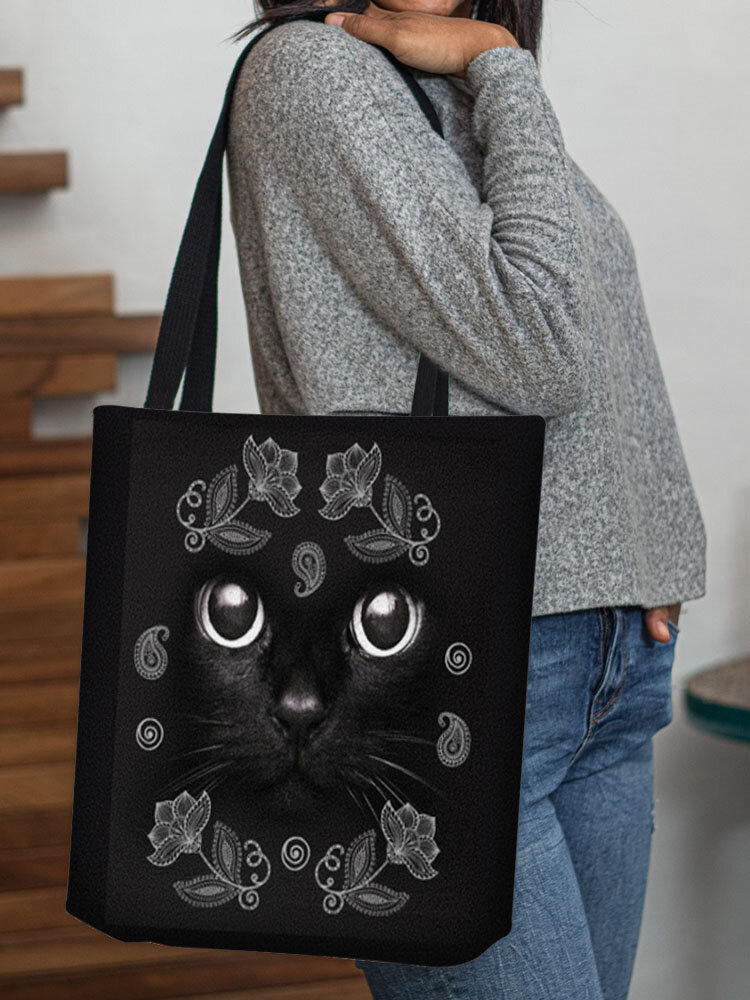 Women Black Cat Floral Pattern Print Shoulder Bag Handbag Tote