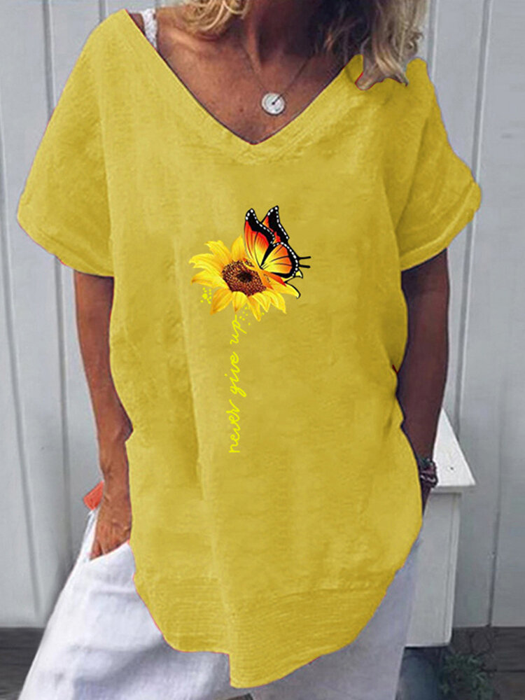Butterfly Flower Print Short Sleeve Casual T-shirt For Women