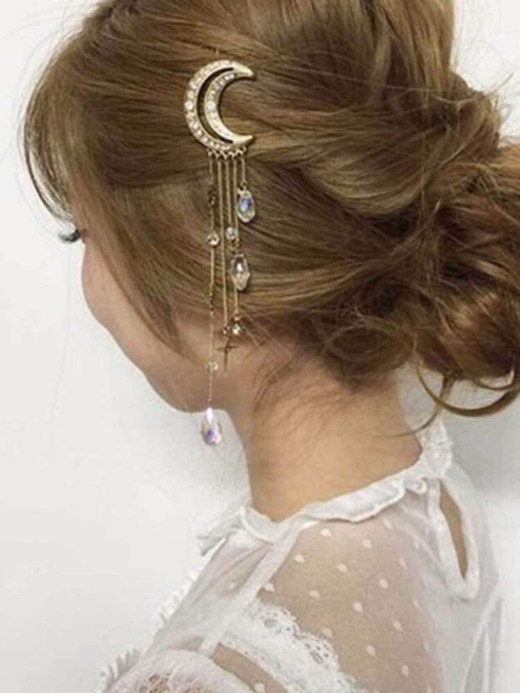 Vintage Hair Clip Moon Stars Rhinestone Tessals Pendant Hair Accessories Ethnic Jewelry for Women