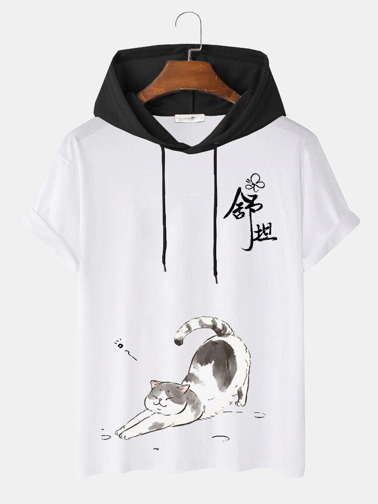 Mens Cute Cat Character Print Short Sleeve Hooded T-Shirts
