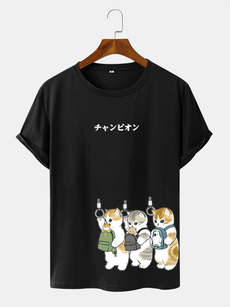 Mens Japanese Cute Cat Print Casual Short Sleeve T-Shirts