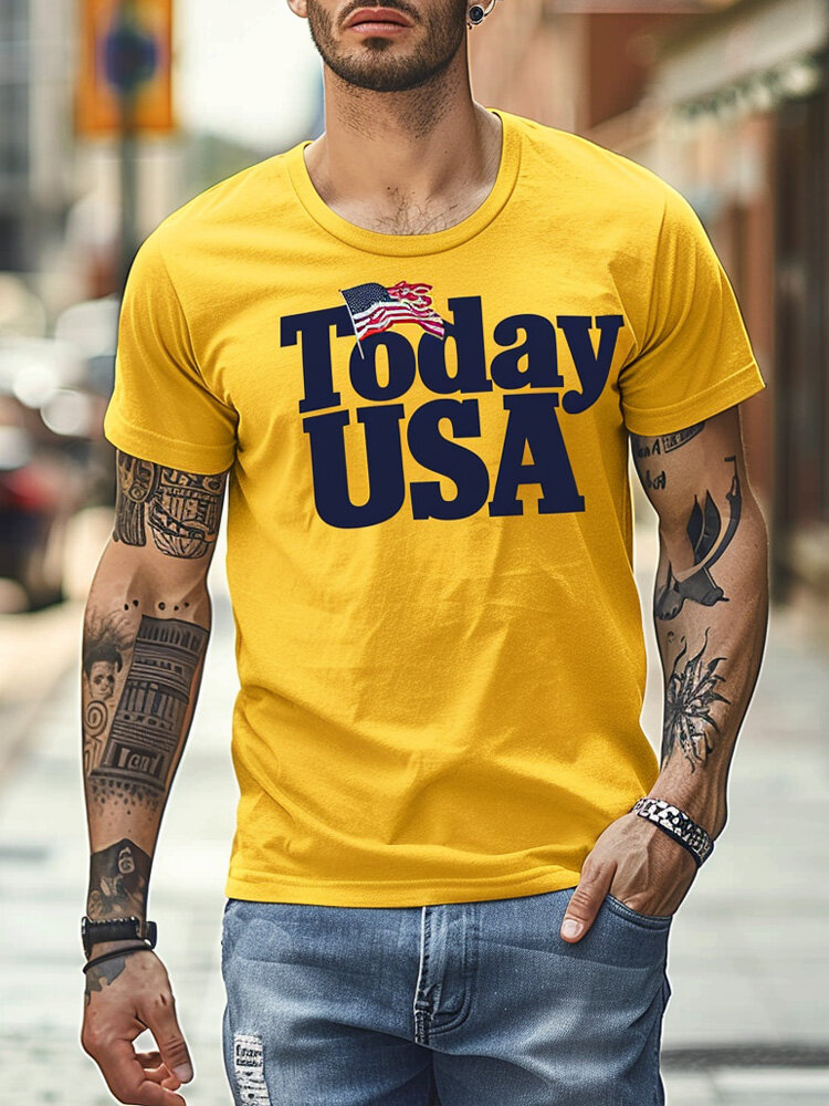 

Mens American Flag Letter Print Casual Short Sleeve T-Shirts, Yellow
