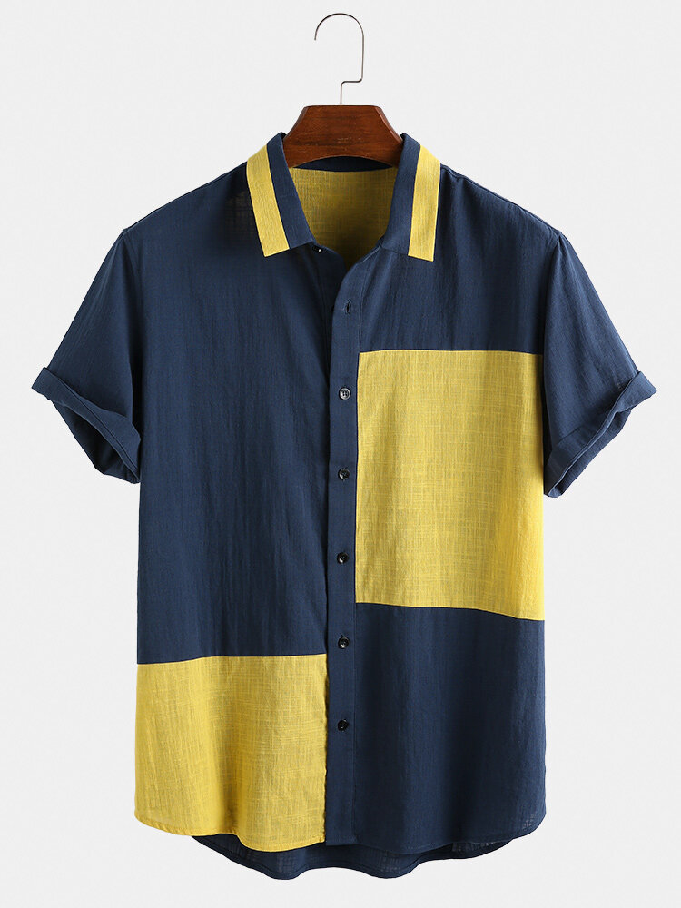 

Men 100% Cotton Color Block Hit Color Colar Newchic Unique Design Shirt, Black;blue