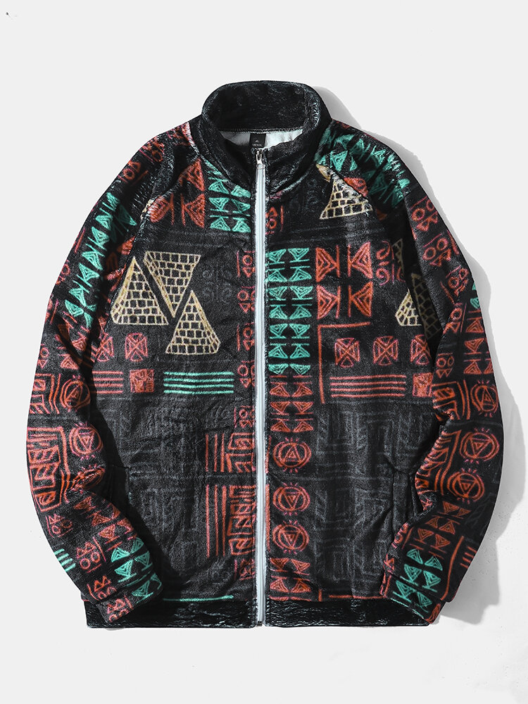 Mens Flannel Geo Pattern Retro Ethnic Style Raglan Sleeves Zip Jackets