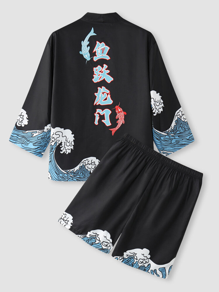 Mens Chinese Character Carp Wave Print Kimono Two Pieces Outfits