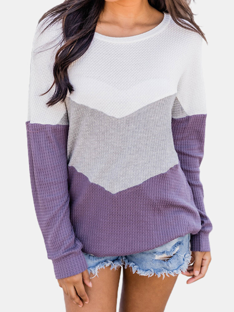 女性のためのコントラストカラー長袖Oネックパッチワークセーター