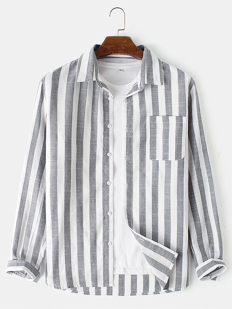 Mens Cotton Basic Stripes Print Lapel Collar Leisure Regular Fit Shirts
