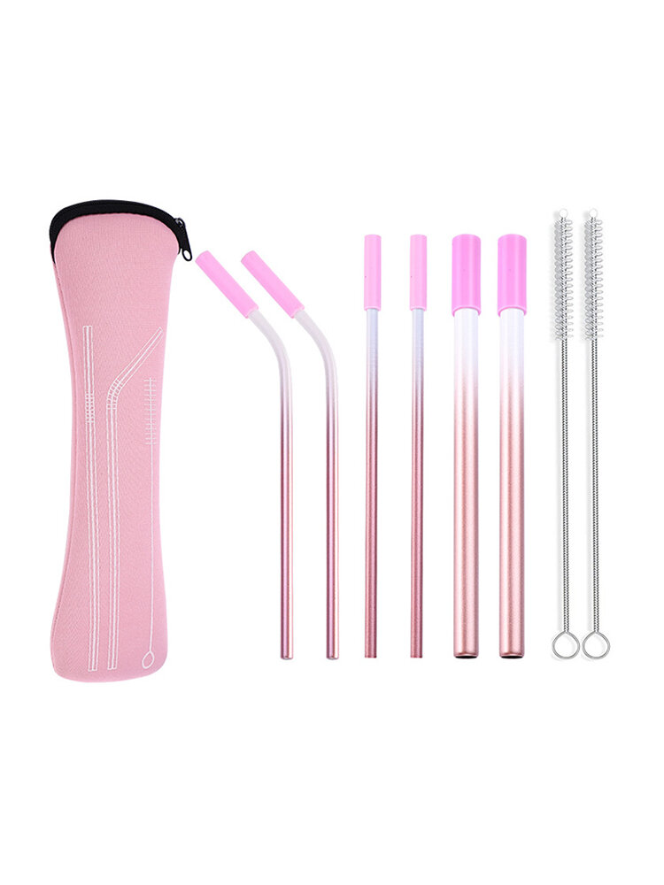 Portable 304 Stainless Steel Straw Set Spray Paint With Silicone Head Straw Environmentally Friendly