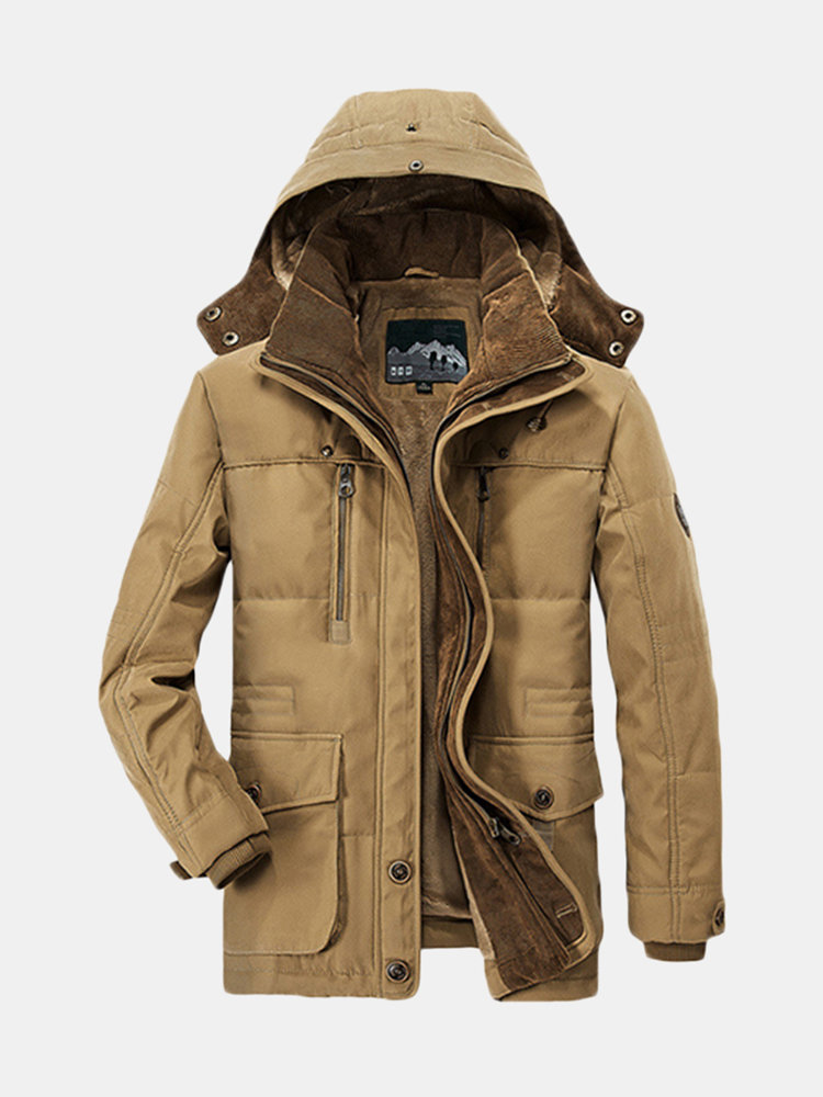 

Winter Thicken Warm Multi Pockets Solid Color Detachable Hood Jacket for Men, Army green;coffee;dark blue;khaki