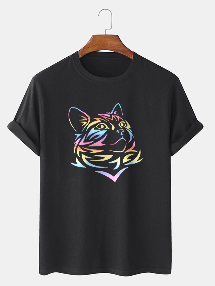 Mens Reflective Rainbow Cat Graphic Street 100% Cotton Short Sleeve T-Shirts