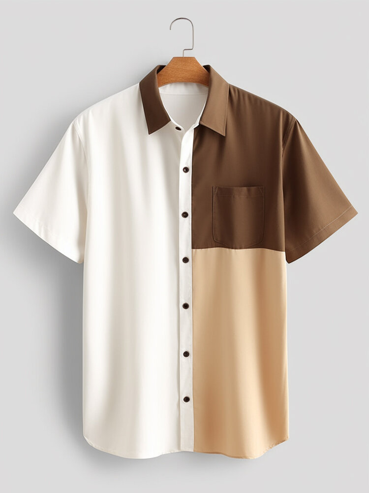 Mens Color Block Patchwork Lapel Casual Short Sleeve Shirts