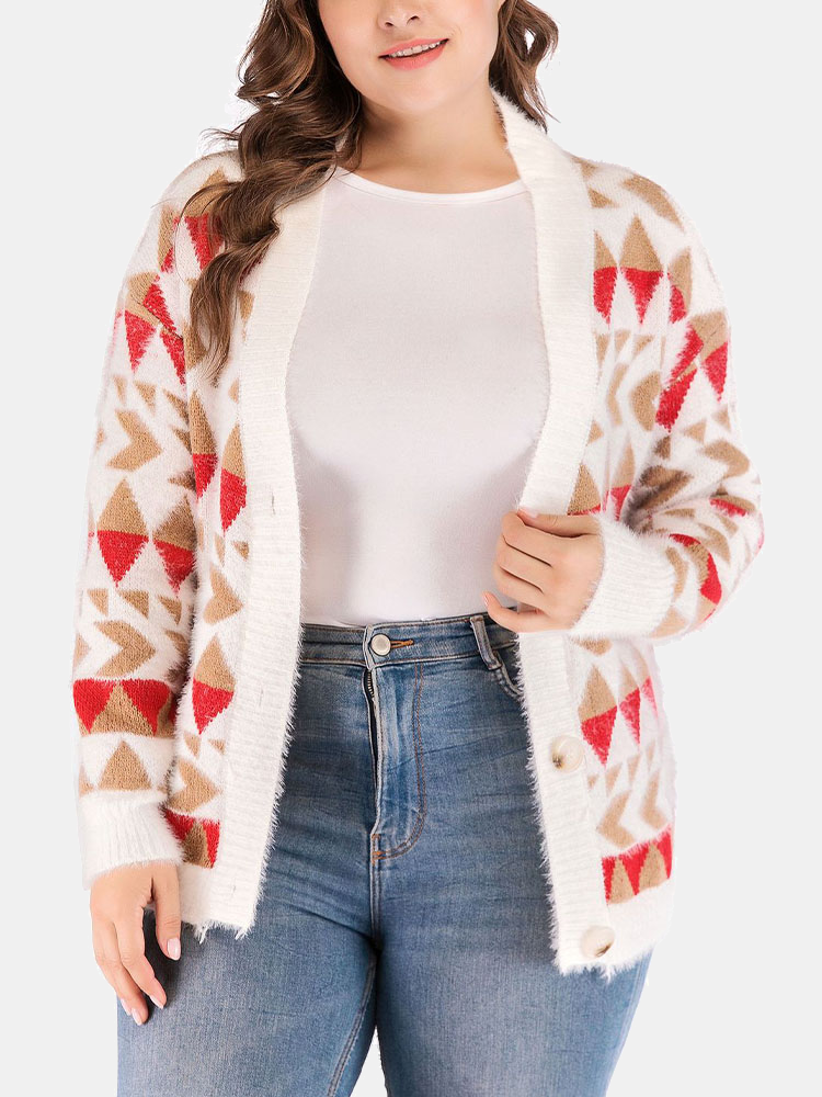 Plus Size Casual Knitted Geo Print Button Loose Cardigan