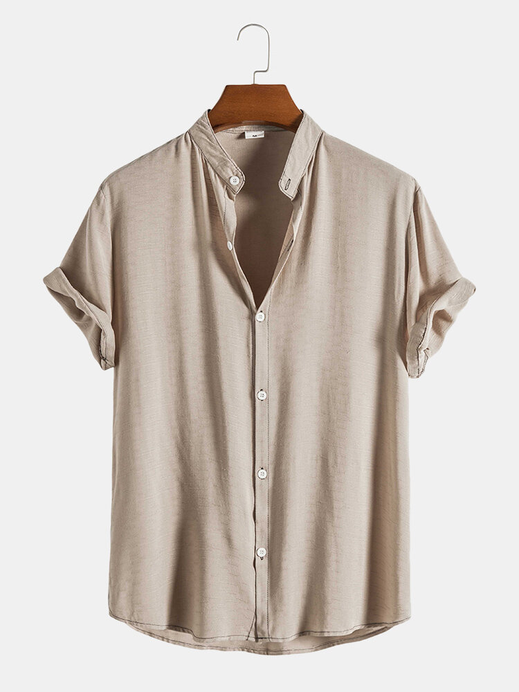Mens Cotton Linen Stand Collar Plain Basics Short Sleeve Shirts