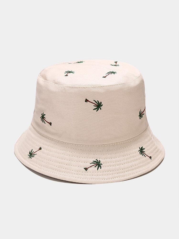 Unisex Cotton Solid Color Coconut Tree Pattern Embroidery Fashion Sun Protection Bucket Hat