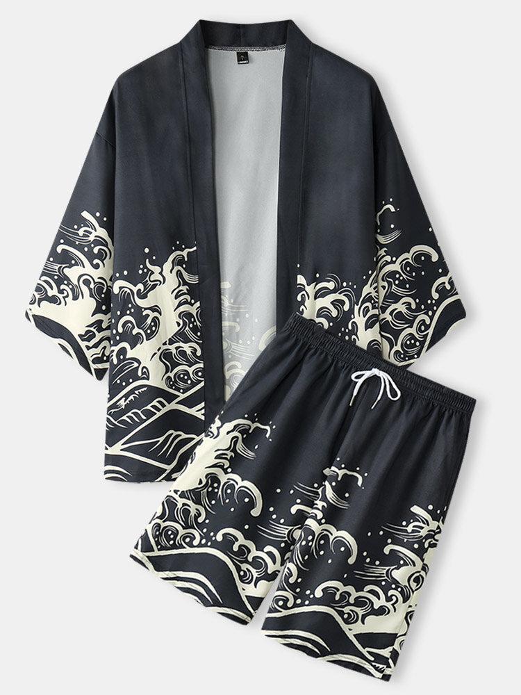 Mens Wave Printed Open Front Kimono Japanese Style Two Pieces Outfits