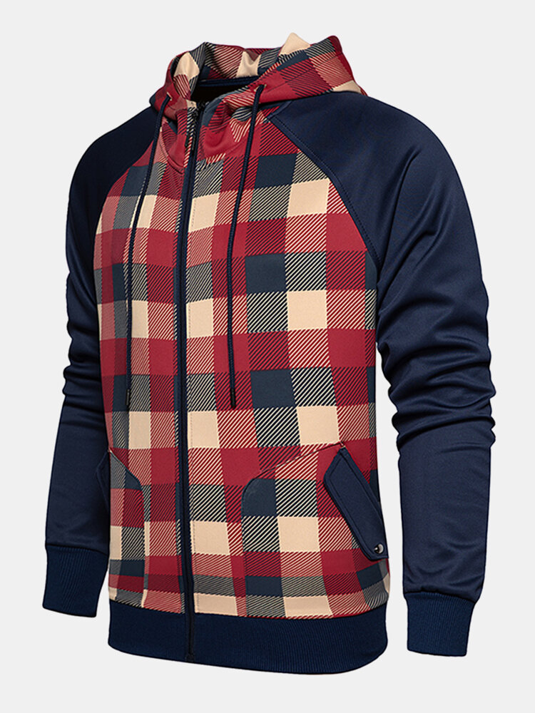 

Mens Check Patchwork Zip Up Raglan Sleeve Double Pocket Hooded Jacket, Khaki;red