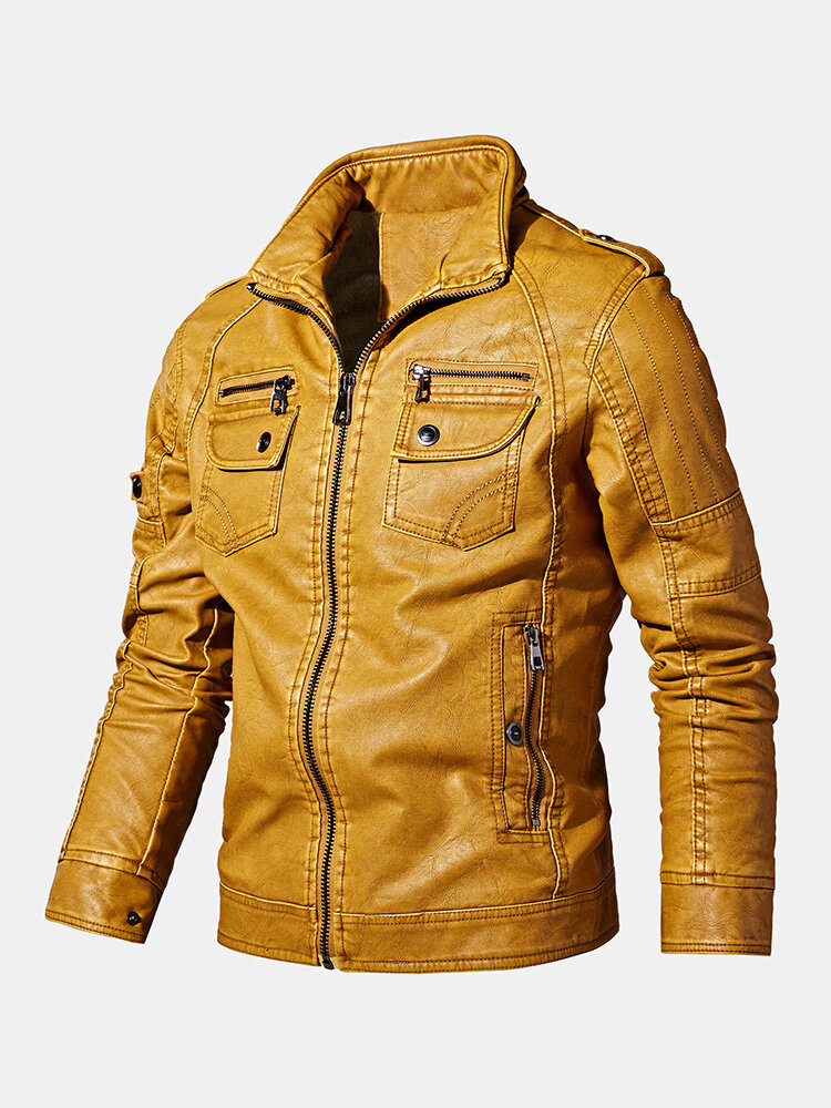 Mens Washed Vintage Multi-Pocket Zipper Lapel Winter Thicken PU Leather Jacket