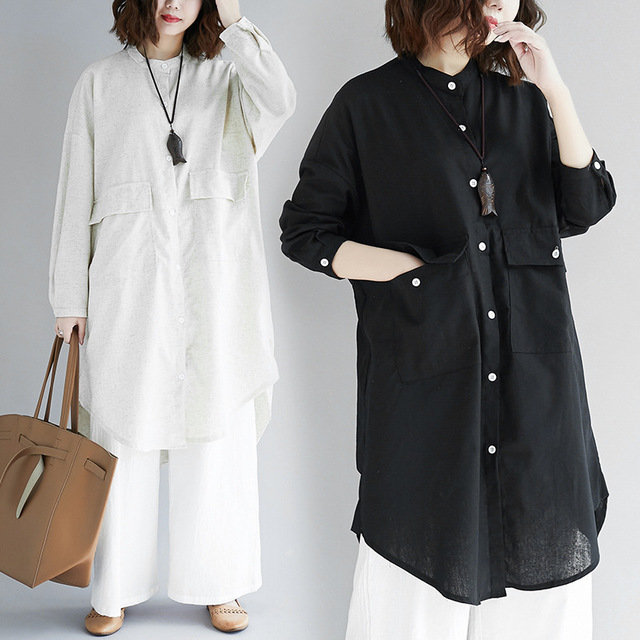 Literary Simple Large Size Solid Color Shirt Female Season New Fat Mm Lapel Cotton And Linen Long Shirt Agent