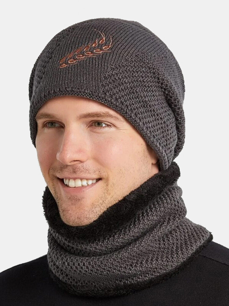 Men 2PCS Embroidered Thick Winter Outdoor Neck Protection Headgear Scarf Knitted Hat Beanie