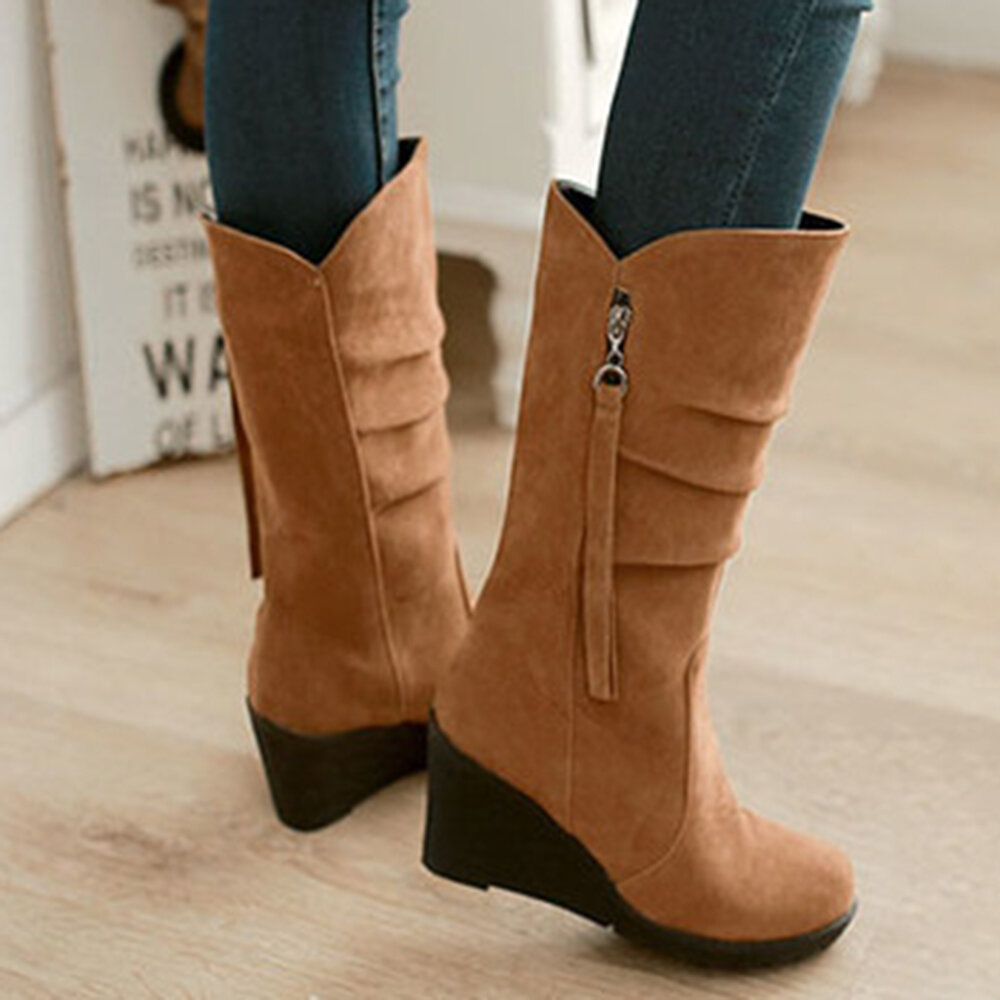 Suede Round Toe Wrinkle Wedge Boots