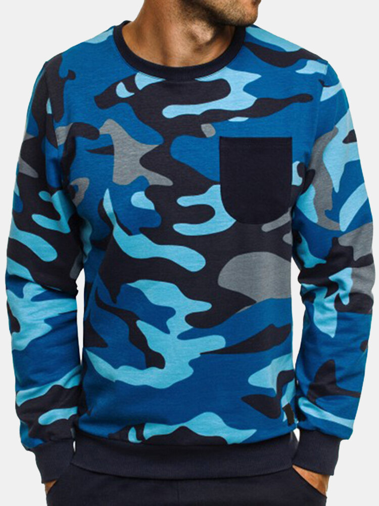 

Camo Chest Pocket O-Neck Elastic Cuff Long Sleeve Cotton T-Shirts for Men, Blue