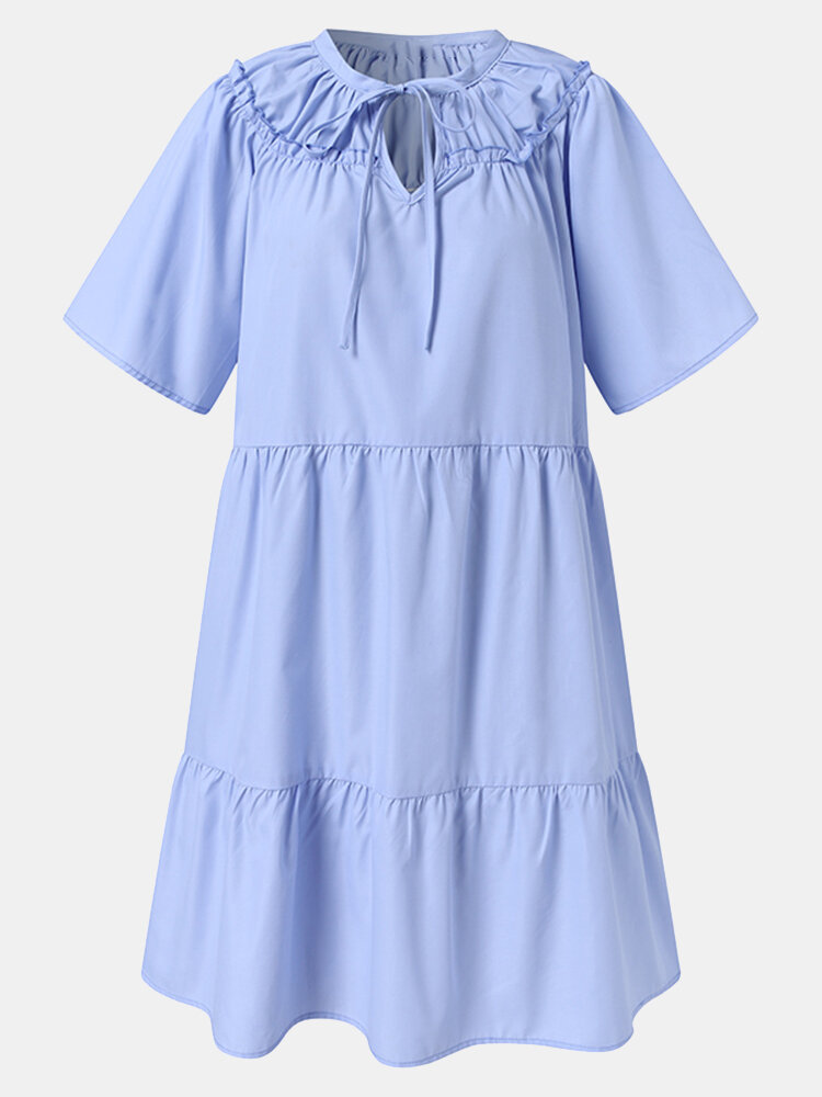 Solid Color O-neck Knotted Short Sleeve Casual Dress For Women
